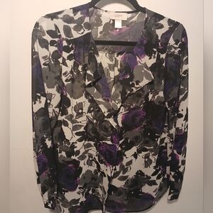 LOFT Women's Floral Blouse - Black, Gray, and Purple
